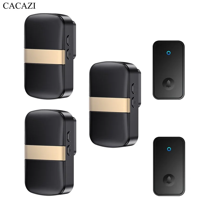 CACAZI Self-powered Outdoor Wireless Doorbell Waterproof Smart Home Door Bell Chime Kit LED Flash Security Alarm 5 levels(Black)