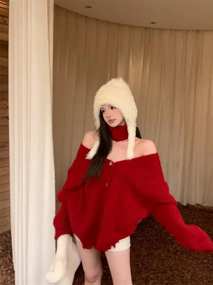 

Французский винтажный красный однобортный кардиган с v-образным вырезом, свитер, женский осенне-зимний новый элегантный отпуск, вязаные топы, простой тренд