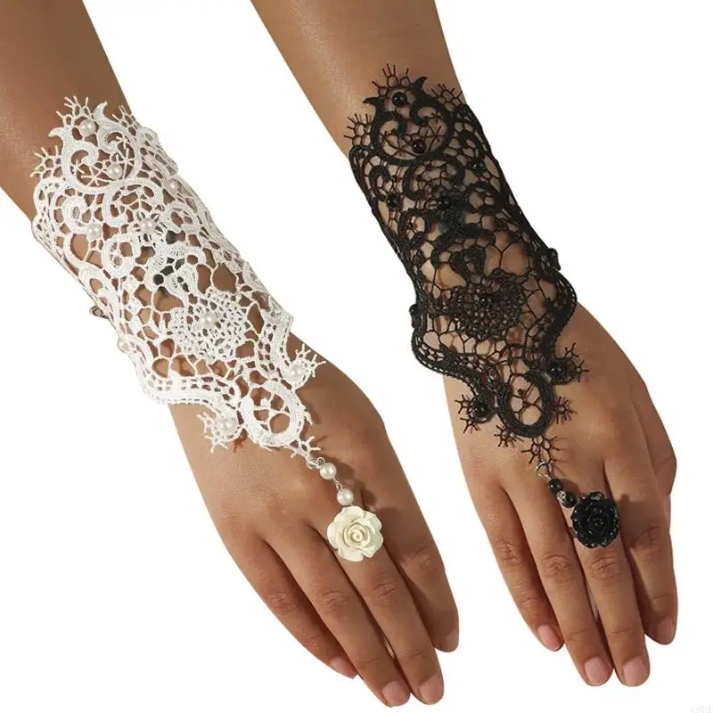 C9GE Hand Ornament Rose Lace Bracelet for Vampire Jewelry Medieval Finger Ring Gloves for Women Steampunk Cosplay Jewe