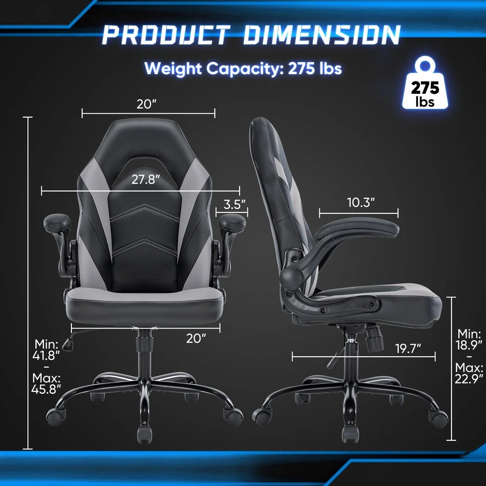 Computer Gaming Chair with Adjustable Height Flip-up Armrests PU Leather Cushion Ergonomic Design Gaming Work Home Use
