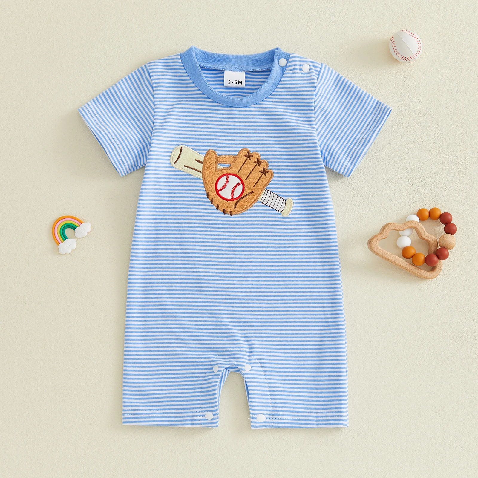Baby Boy Summer Romper Casual Stylish Striped Baseball-themed Patch Embroidered Crew Neck Short Sleeve Jumpsuit