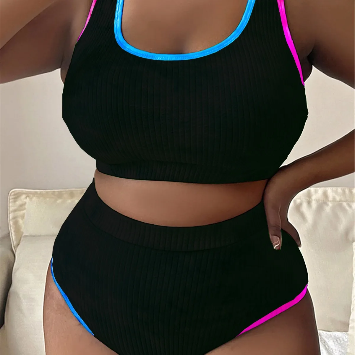 

Large Size Women's Patchwork Tie-dyed Swimsuit Sexy Backless High Waist Swimwear Textured Bikini Set Beachwear Holiday Biquinis