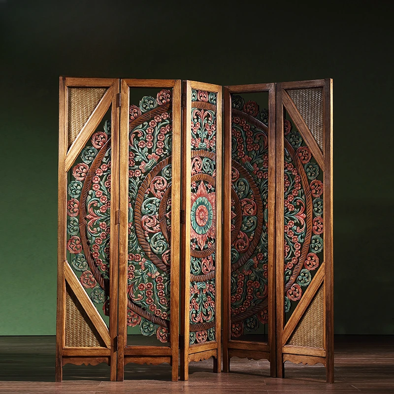 Thai domain new Chinese solid wood carved screen partition Southeast Asia retro hollow folding living room porch furniture