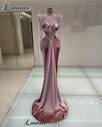 Blush Pink Velvet Evening Dresses Mermaid Vintage Long Sleeves Formal Occasion Dresses Beaded Prom Party Gowns Robes De Soirée