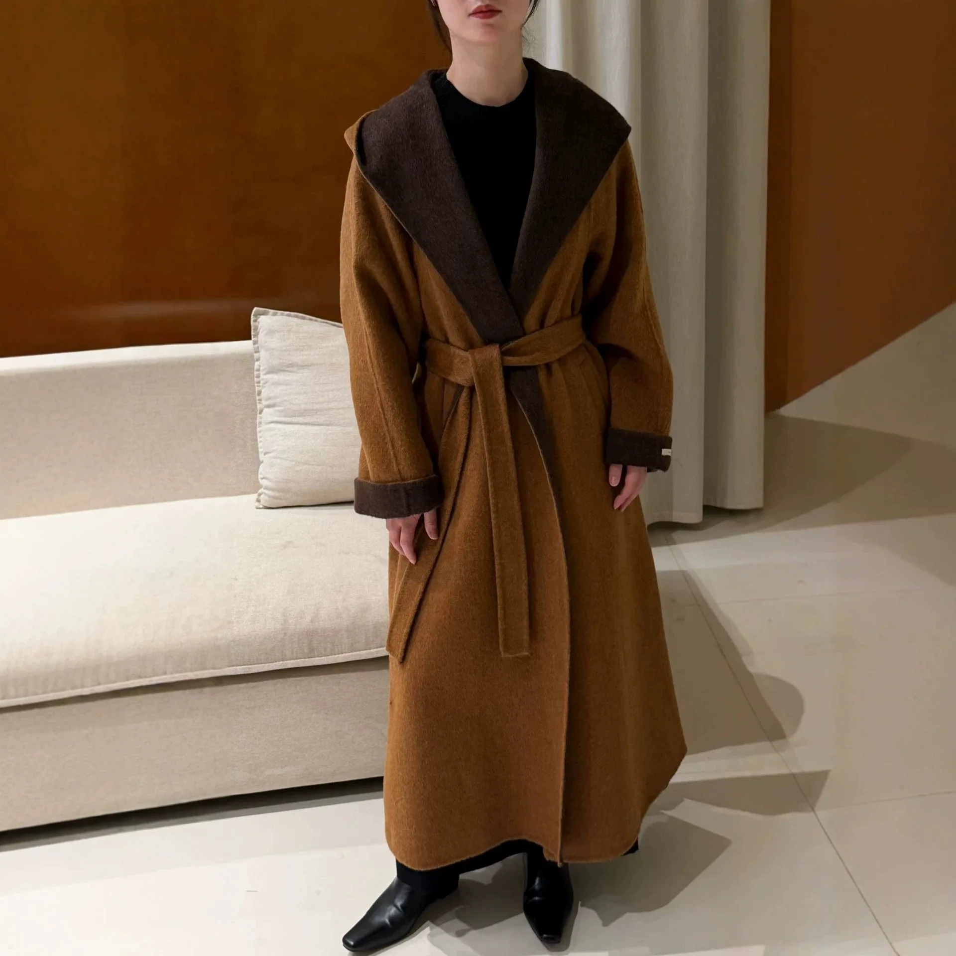 2026 Autumn Winter New Big Hood Loose Long Color Block Double Face Wool Coat Women High End Belted Wrapped Warm Outerwear