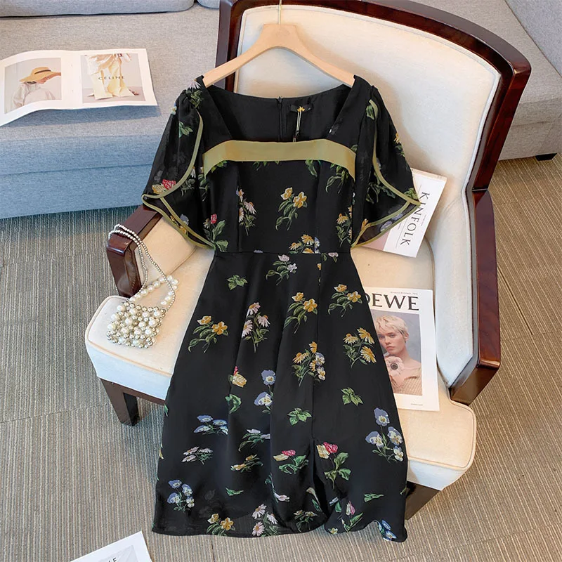 Women Plus Size Floral Print Chiffon Holiday Dress Short Sleeve Square Collar Midi Long Dresses Female 2024 Summer New Clothing