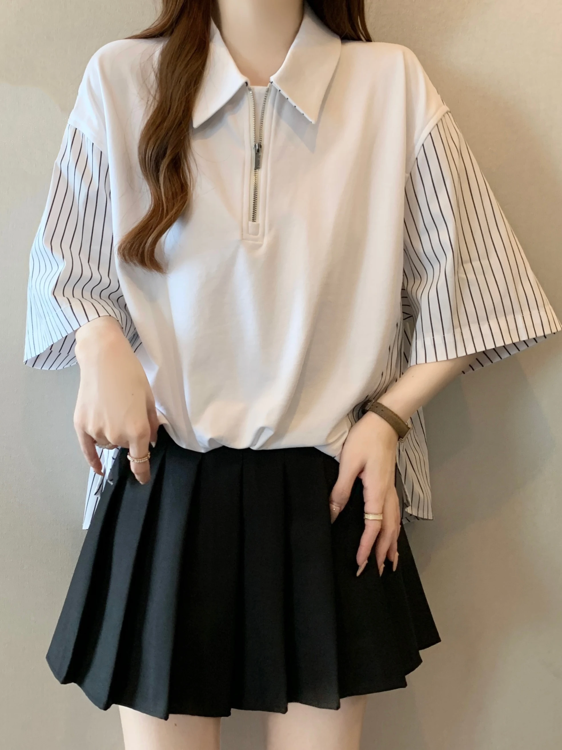 

Women's College Style Short Sleeve Shirt Half Zipper Stripe Patchwork plus Size Spring Summer New Loose Fit Collar Top