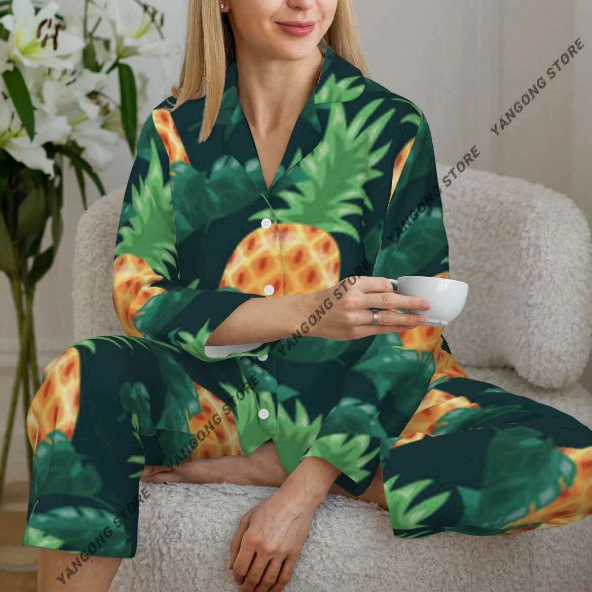 Women's Pajamas Long-sleeved Girl Loungewear Two-piece Set Pineapple Tropical Leaves Pajamas for Autumn Spring