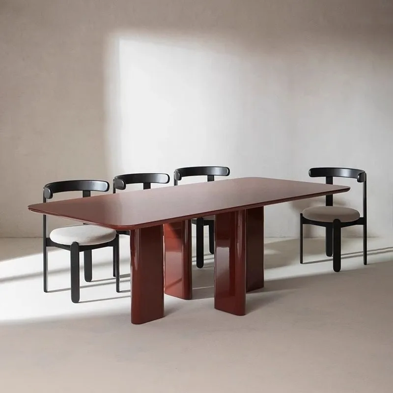 Lacquered Wood Dining Table with Bevelled Edges Noble Materials in Burgundy Caramel, Khaki White Rectangle Conference Table