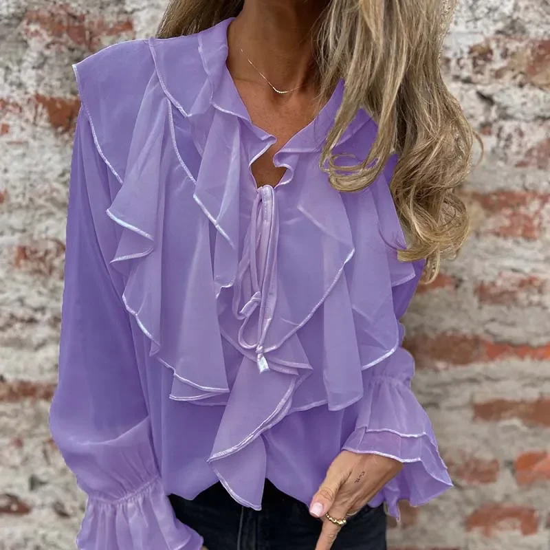 Early Autumn Ruffled Chiffon Women's Shirt Sexy V Neck Lace Up Long Sleeved Commuter Top Simple Solid Color Loose Pullover Tees