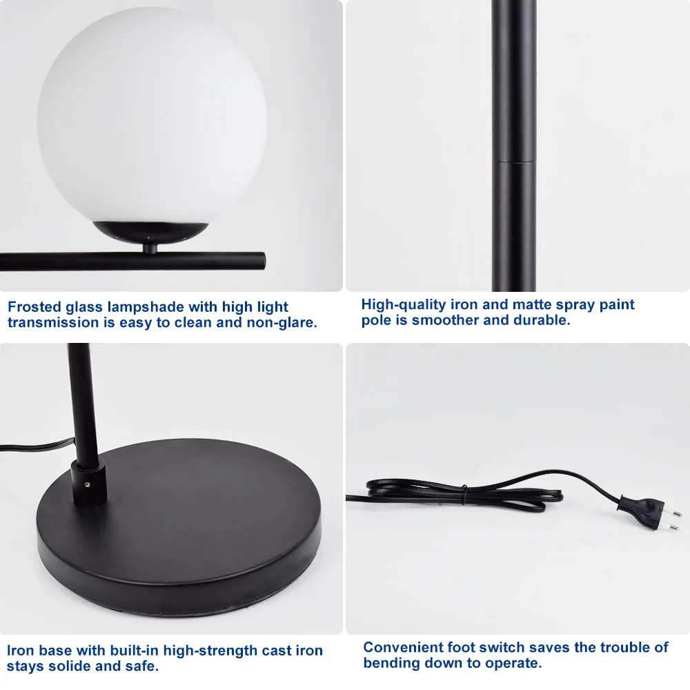 Depuley Modern Frosted Glass Globe LED Floor Lamp Pole Standing Lamp for Bedroom Living Room Energy Saving Luminaire Black 9W image 6