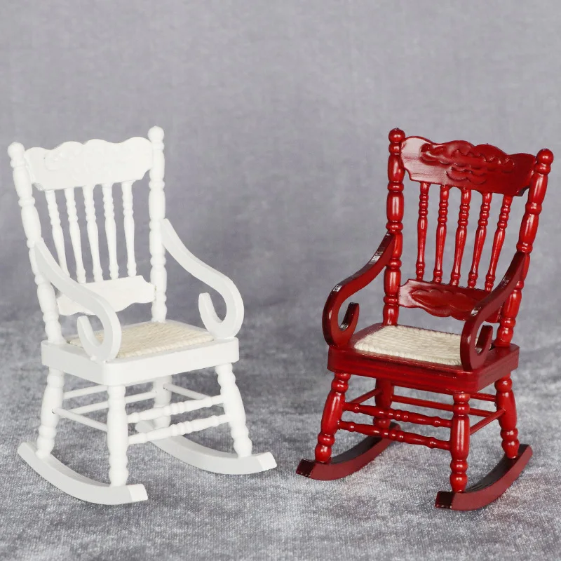 

Exquisite 1:12 Dollhouse Furniture Miniature Scene Classic Rocking Chair White Red Wood Color Doll House Accessories Model Toys