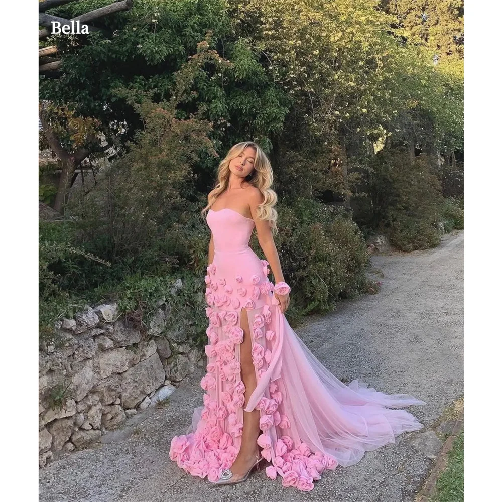 Bella Pink Strapless Prom Dresses 3D Flowers Appliques Mermaid فساتين سهرة Elegant Floor-length Side Split Vestidos De Fiesta