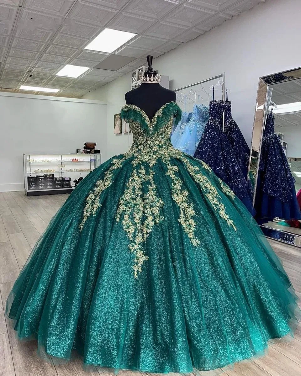 

ANGELSBRIDEP Glttering Green Quinceanera Dress Luxury Beading Applique Formal Party Ball Gown Off Shoulder Vestido De 15 Anos