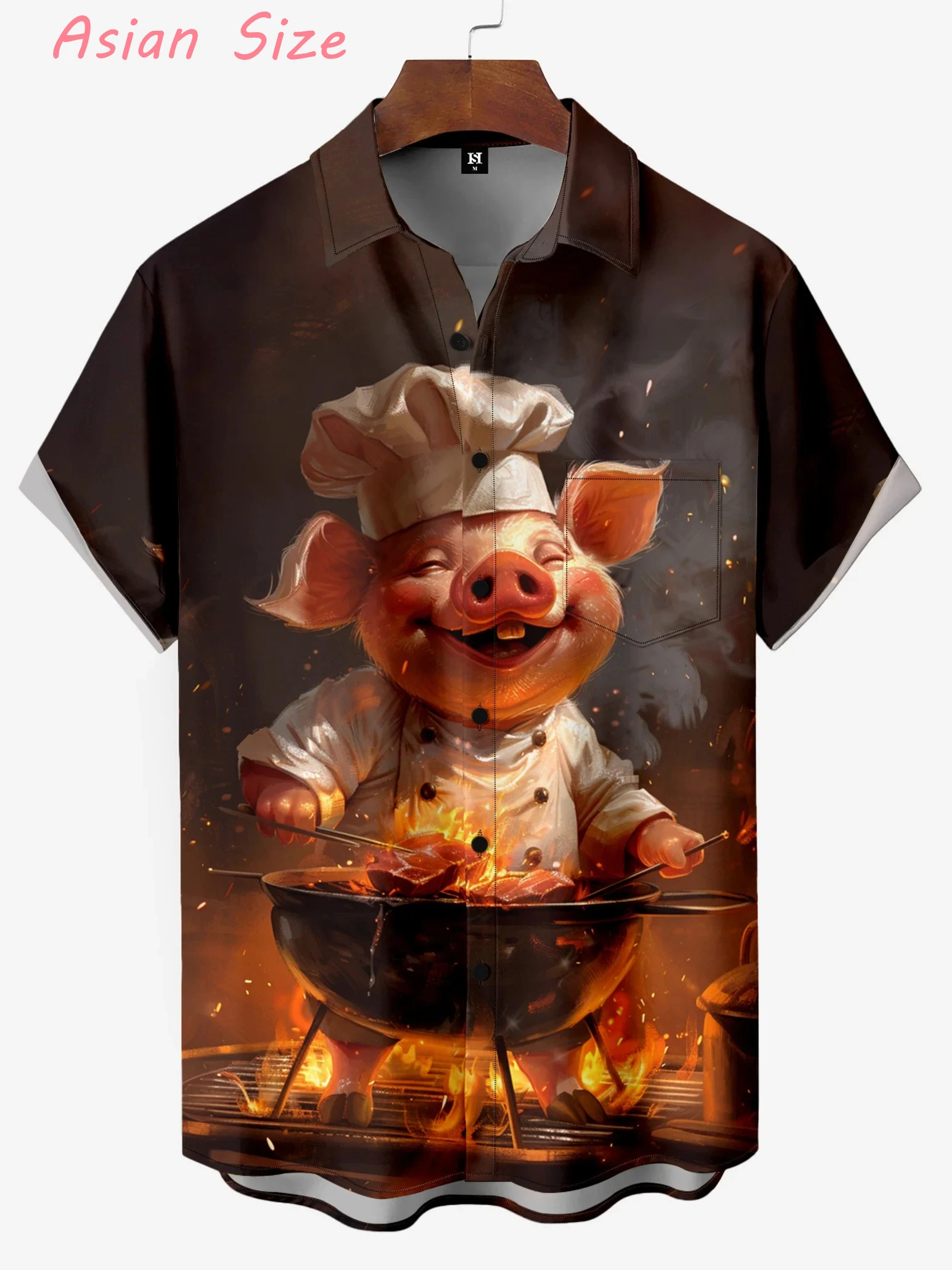

Men's Funny Cartoon Chef Pig Graphics Shirts Short Sleeved Button Down Lapel Shirt For Summer Oversized Casual Hawaiian Shirts