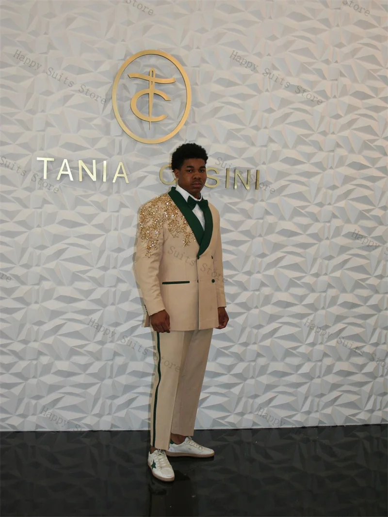 Zestaw garniturowy męski khaki z koralikami, 2-częściowy: marynarka + spodnie, elegancki garnitur do biura, jesień, garnitur ślubny dla pana młodego, smoking, marynarka szyta na miarę