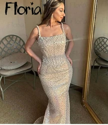 Floria Sparkly Champagne Sleeveless Party Dress Heavy Pearls Birthday Dress Women Luxury Arabic вечернее платье Prom Dresses