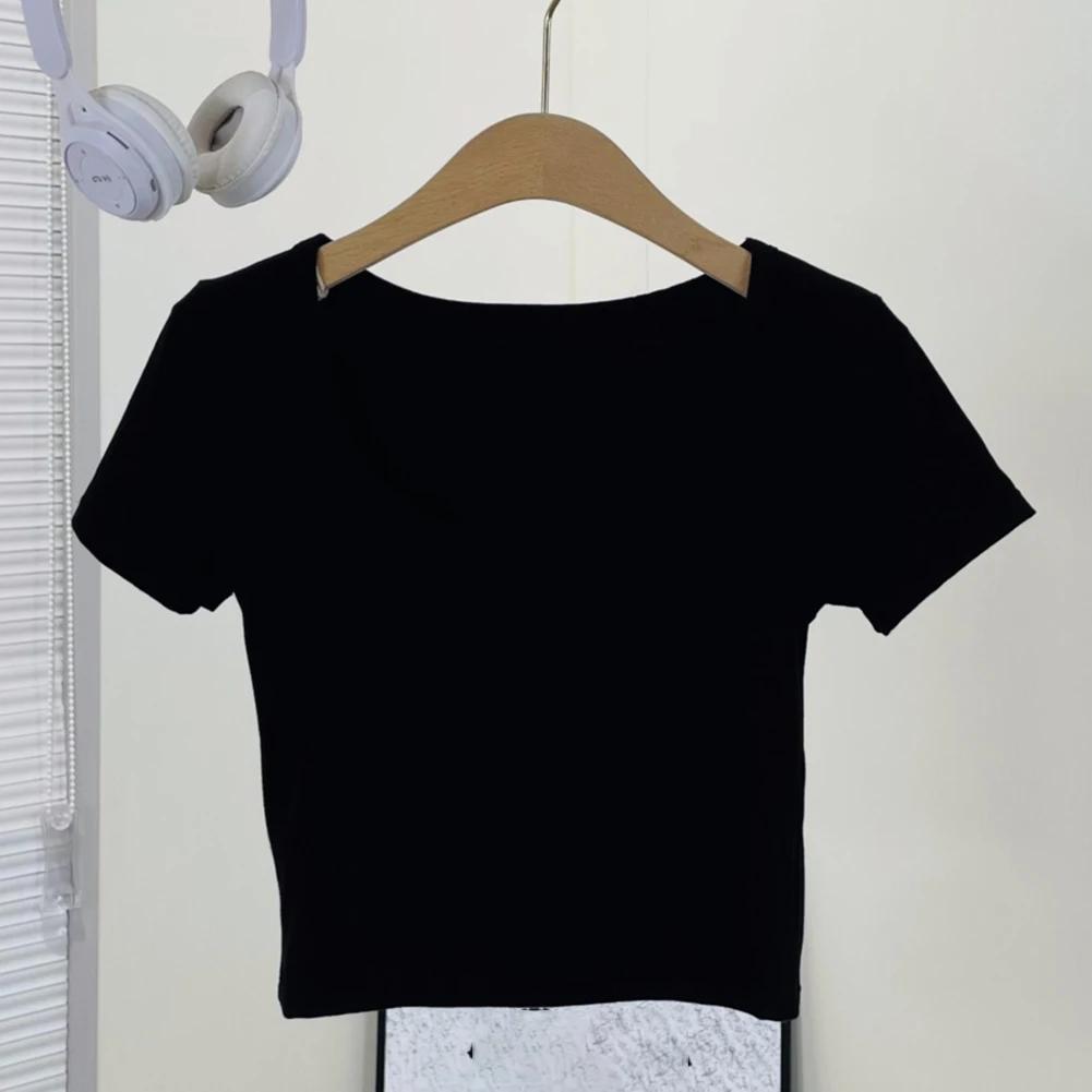 Women's U Neck Slim Short Sleeve T Shirt Solid Color Summer Casual Top Regular Length Suitable for Vacation Use