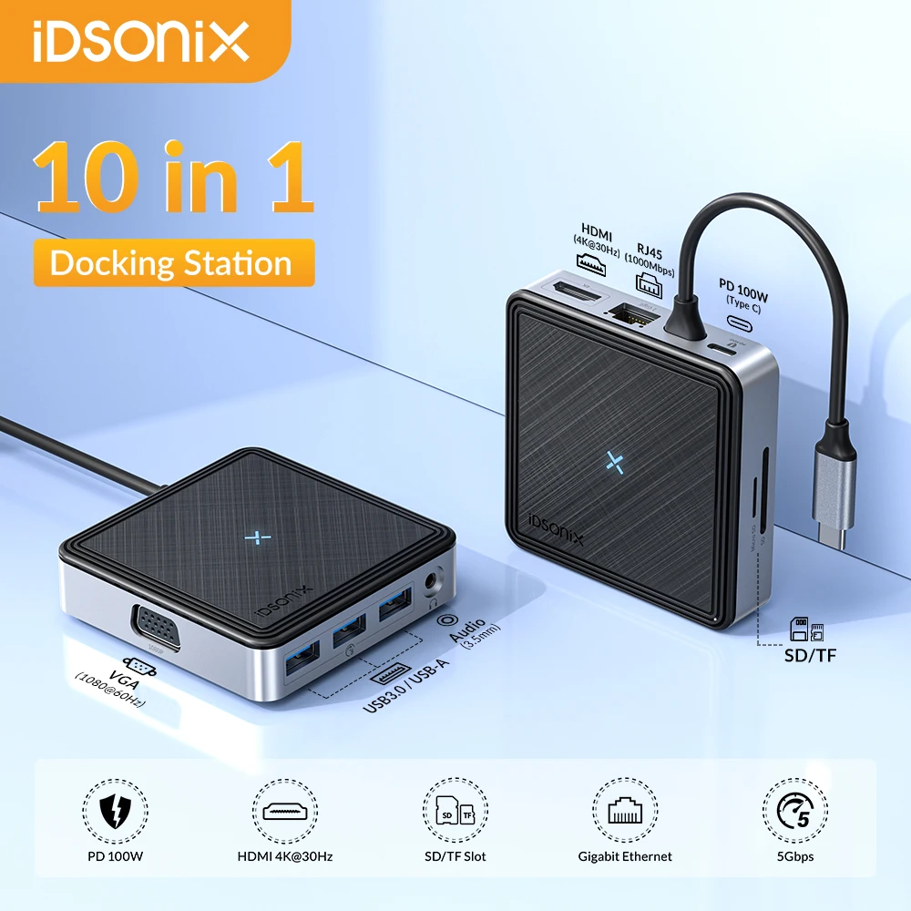 iDsonix Type C Docking Station USB 3.0 HUB Multi Port USB Adapter to 4K HDMI-Compatible RJ45 PD 100W 5Gbps USB C HUB for Macbook