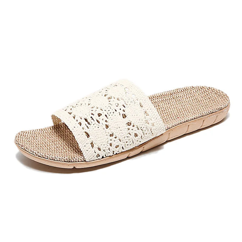 New Home Hollow Embroidery Women Slippers Home Lace Breathable Linen Slippers Ladies Flower Inside Beach Shoes Slides