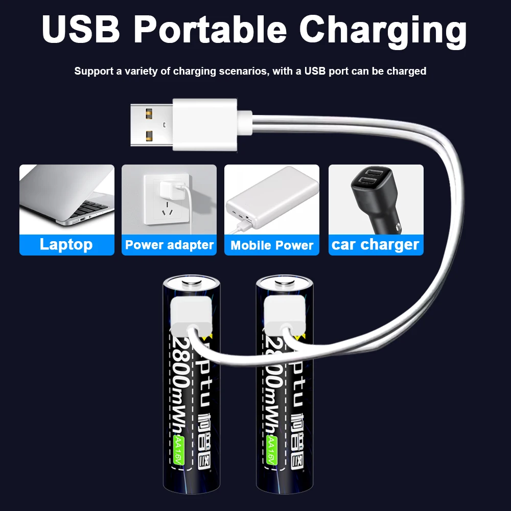1.6V AA Ni-Zn 2-8PCS rechargeable battery 2800mWh Ni-Zn USB battery with TYPE-C charging cable suitable for toys