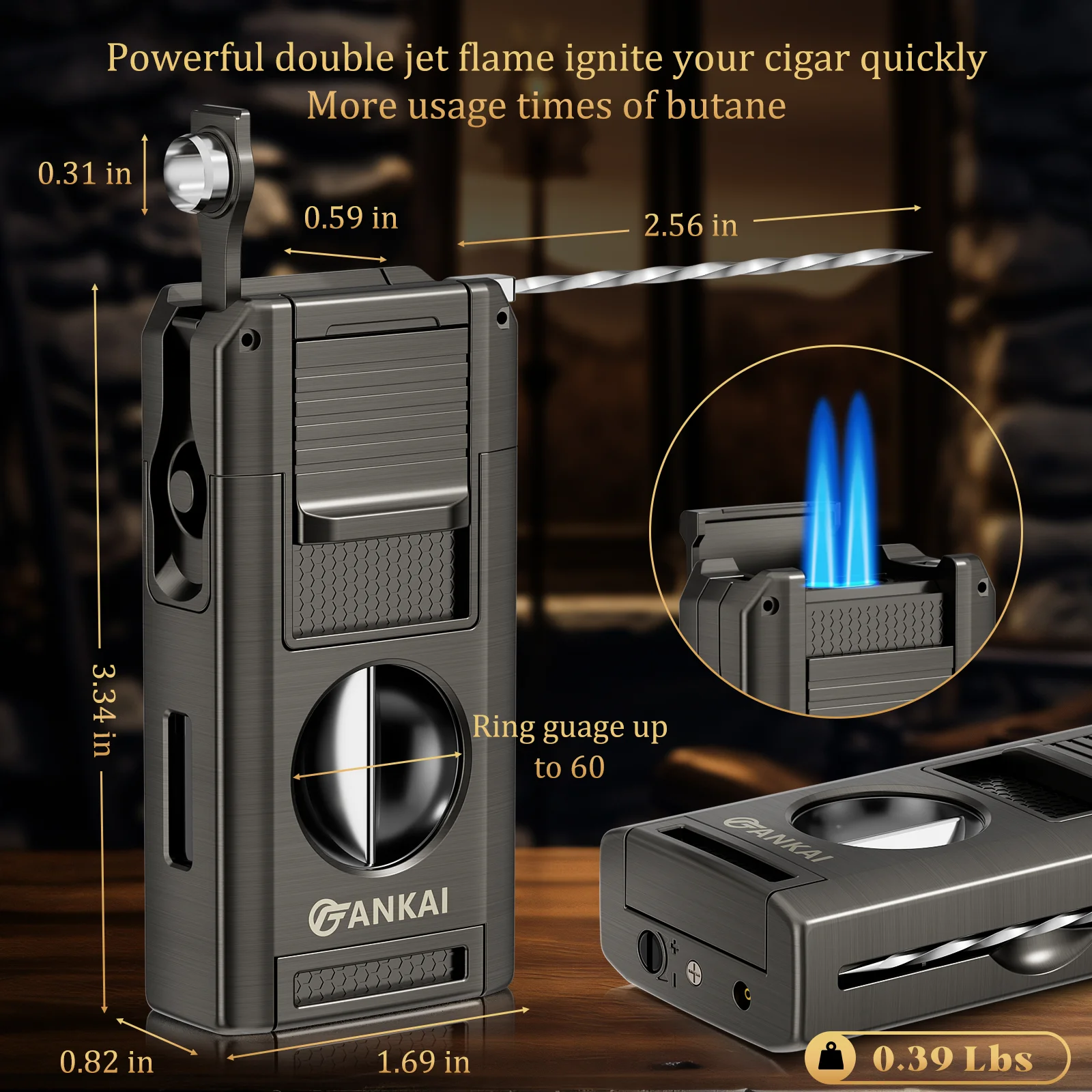 Cigar Lighter, 5 in 1 Cigar Torch with V Cutter, Cigar Punch, Cigar Stand, Cigar Poker, Butane Lighter Double Jet Flame，Gift