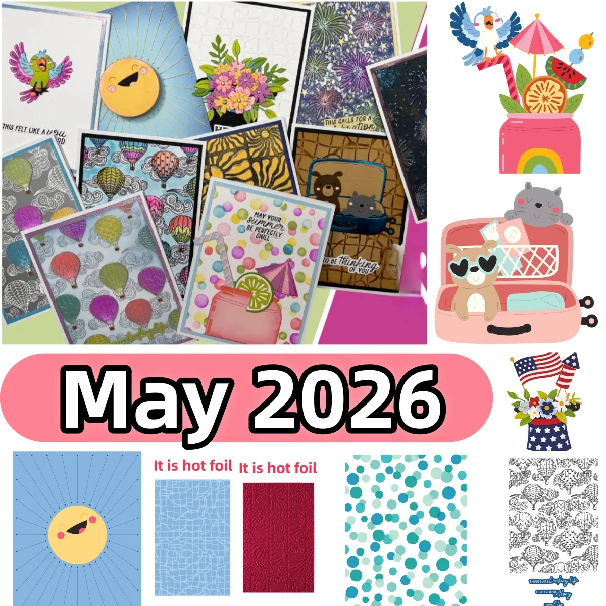 

May 2026 Drinks Sunshine Box Metal Cutting Dies Clear Stamps Stencil Hot air balloon Hot Foil for DIY Gift Card Scrapbook Summer