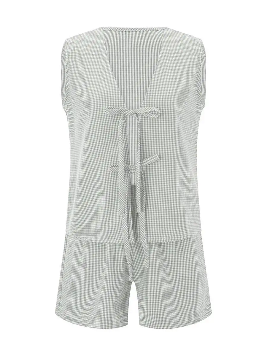 

Женский комплект из 2 предметов, клетчатый принт, шнуровка, топы без рукавов с v-образным вырезом, шорты с эластичным поясом, одежда для дома, наряды