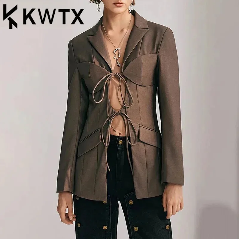 

KWTX однотонный ажурный блейзер на шнуровке для женщин с зубчатым воротником и длинными рукавами в стиле пэчворк, шикарные женские блейзеры, новинка 2023 года