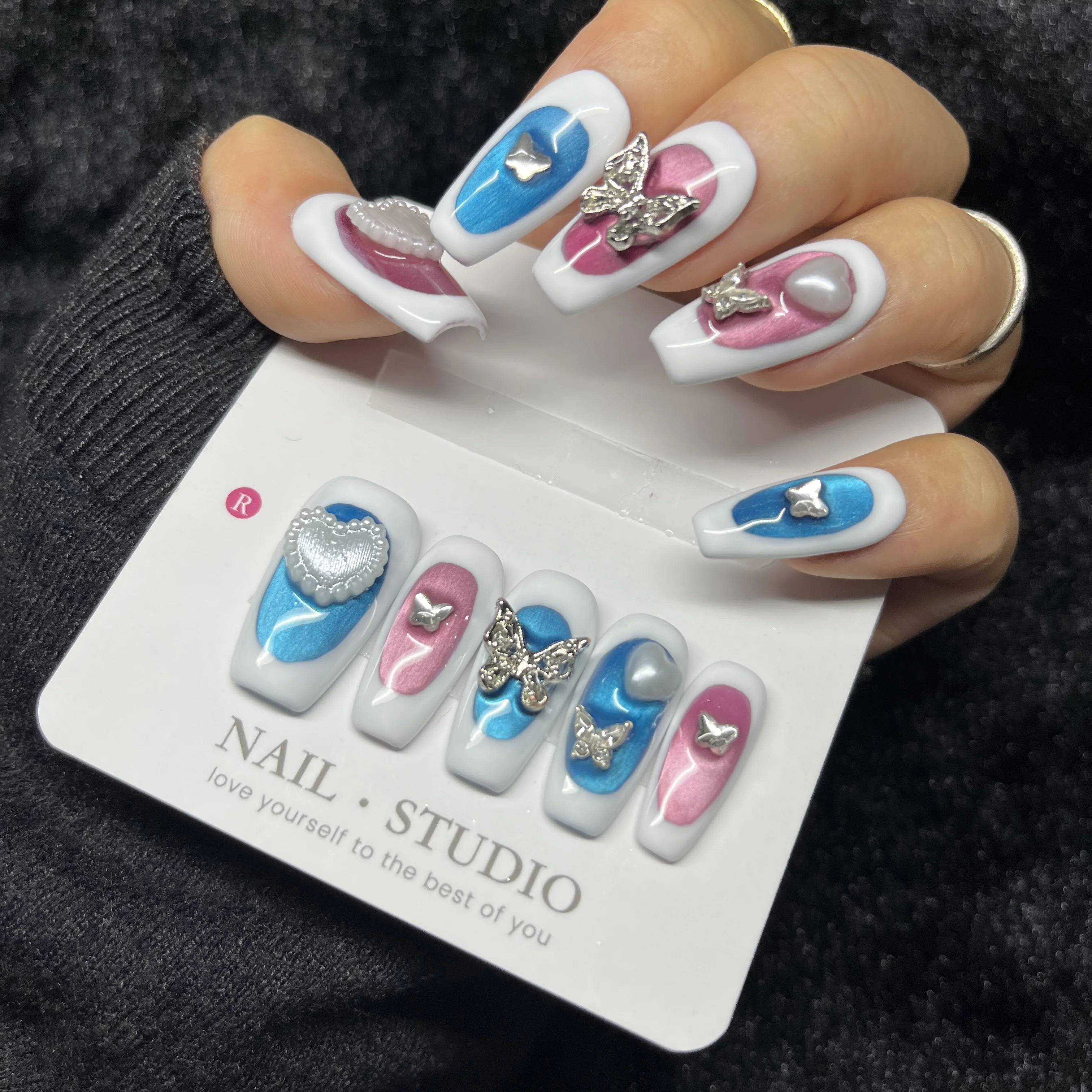 

10PCS 3D Charms Press on Nails Medium Square Pink Blue with Butterfly Heart Pearl Sweet Kawaii False Nails Handmade Nails 수제 네일팁