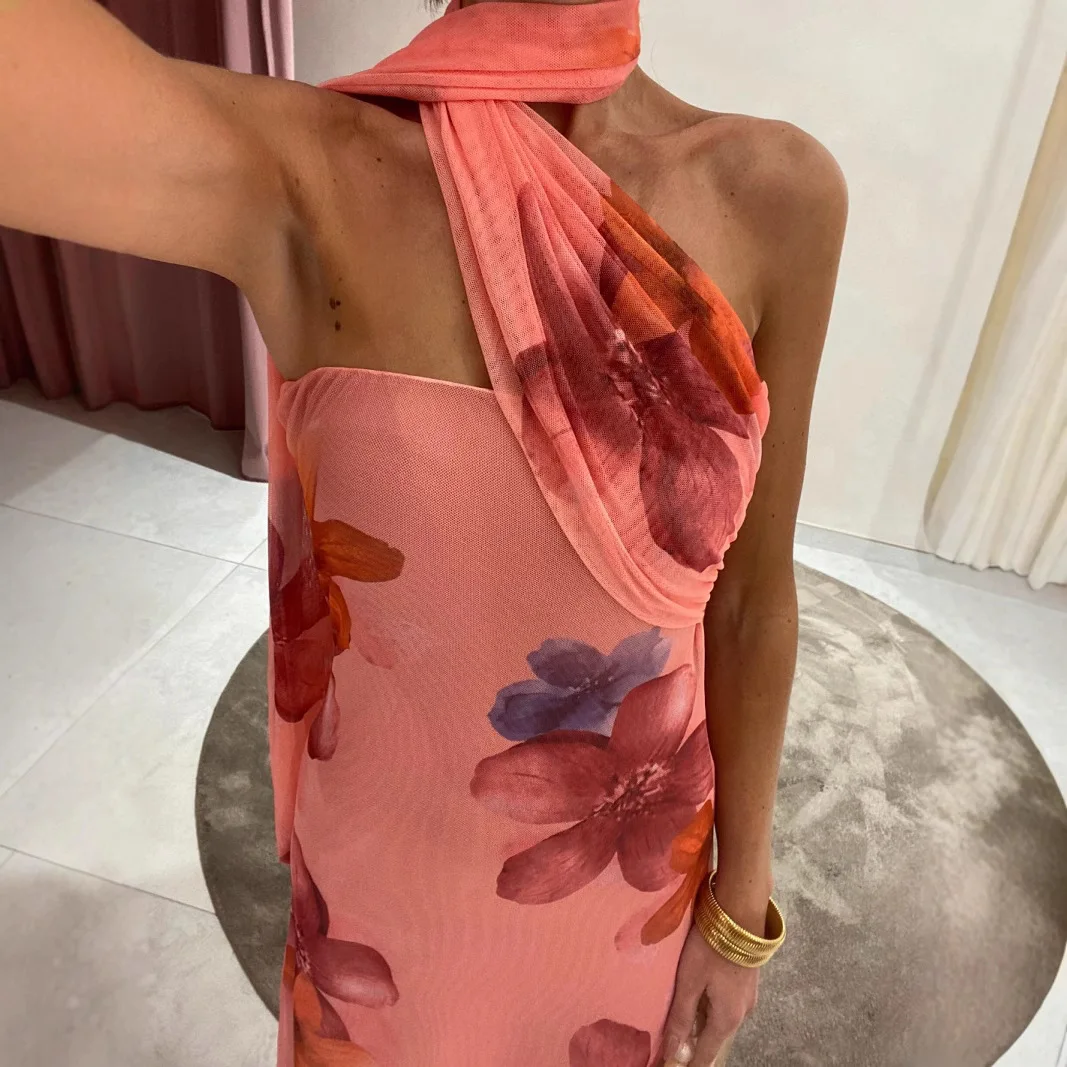 Women 2025 Elegant Dress Sleeveless Party Dress Casual High Waist Boho Long Dresses Sexy Mesh Print Dresses Vestidos Para Mujer