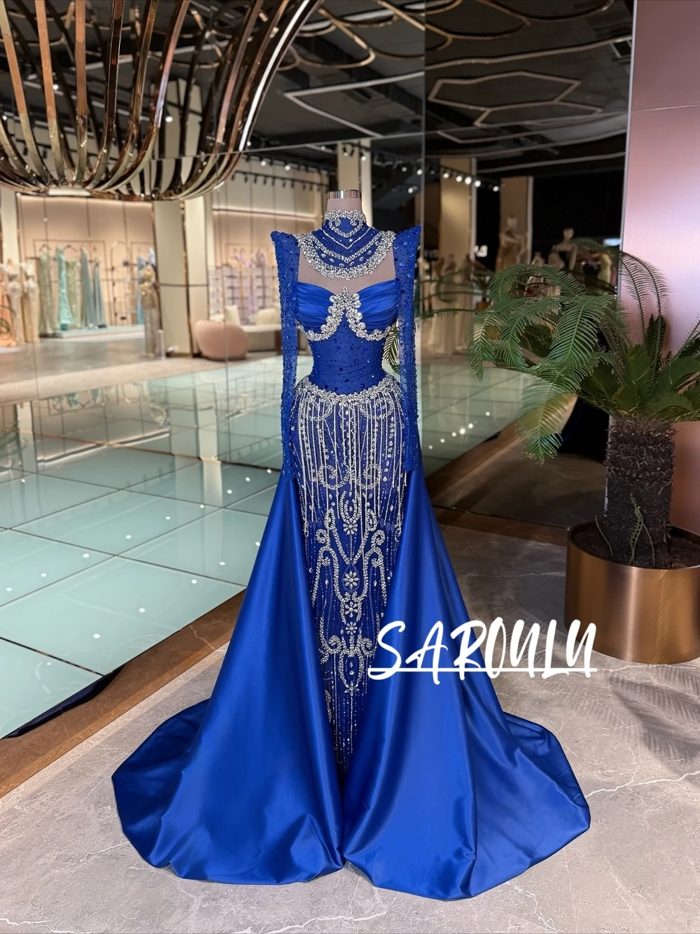 

Royal Blue 2 in 1 Luxe Evening Dress Glitter Crystals Tassel High Neck Prom Gown Vintage Elegant Long Sleeves Customized Wear
