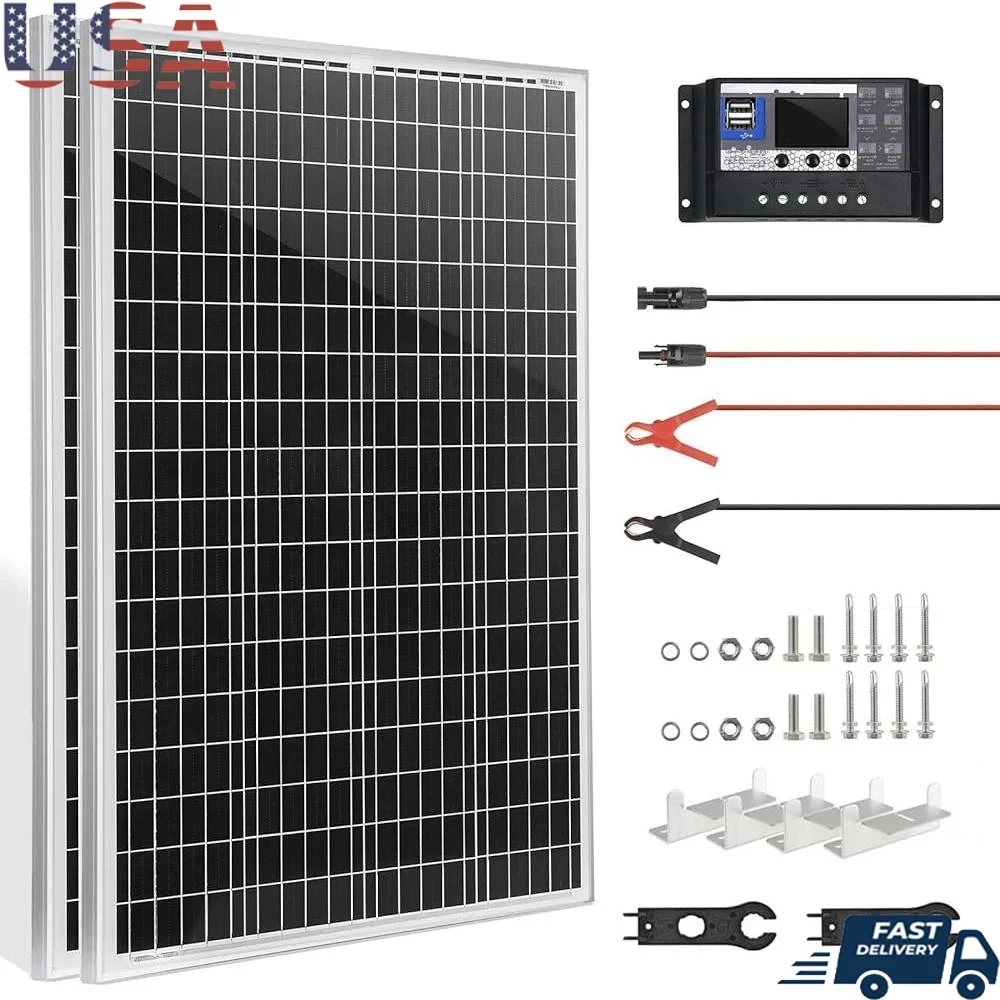 100W Monocrystalline Solar Panels Kit 2 Pcs with 30A 12V 24V PWM Charge Controller Outdoor RV Boat Camper