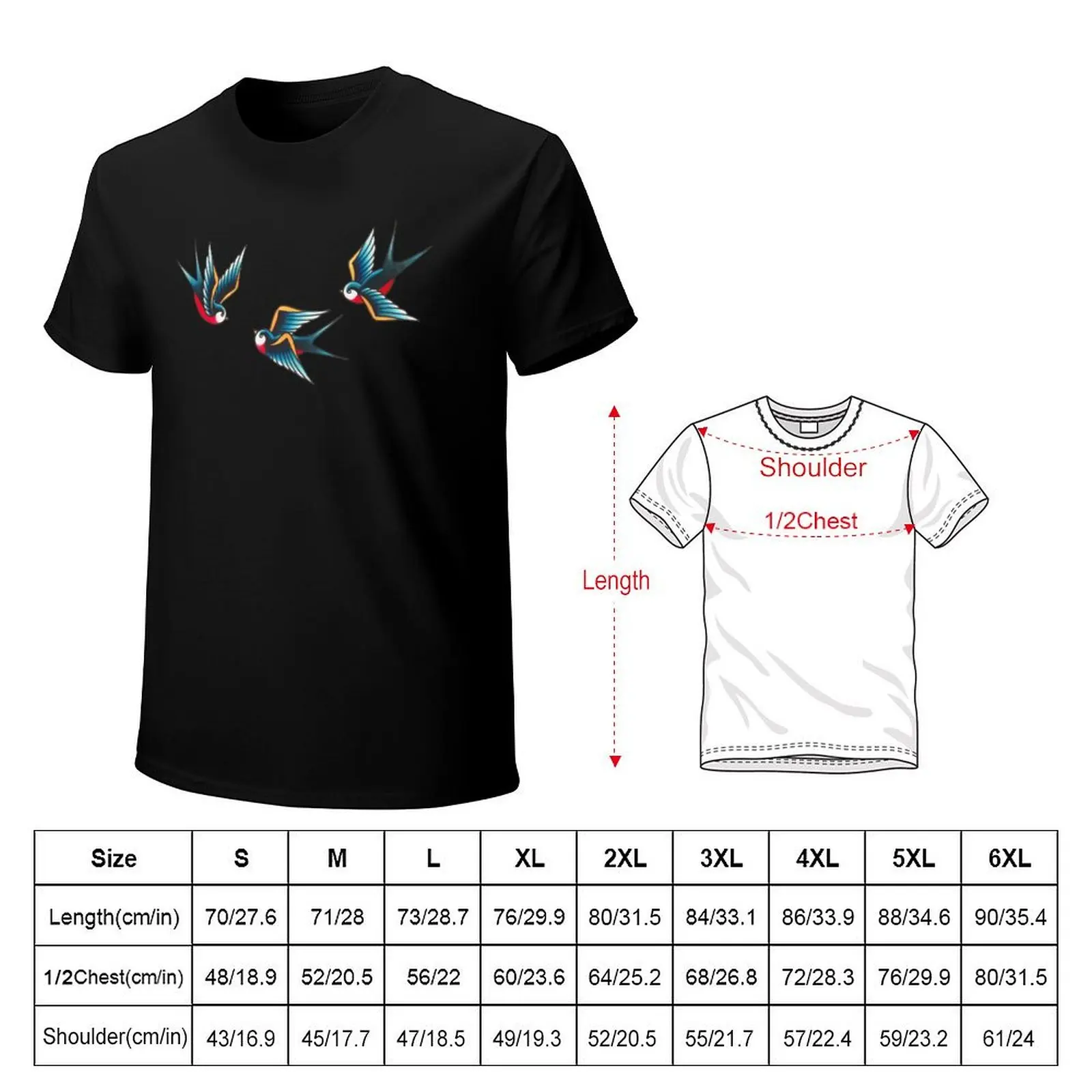Traditional Blue Swallows Tattoo T-Shirt Fashion Simple Casual Tee Shirt