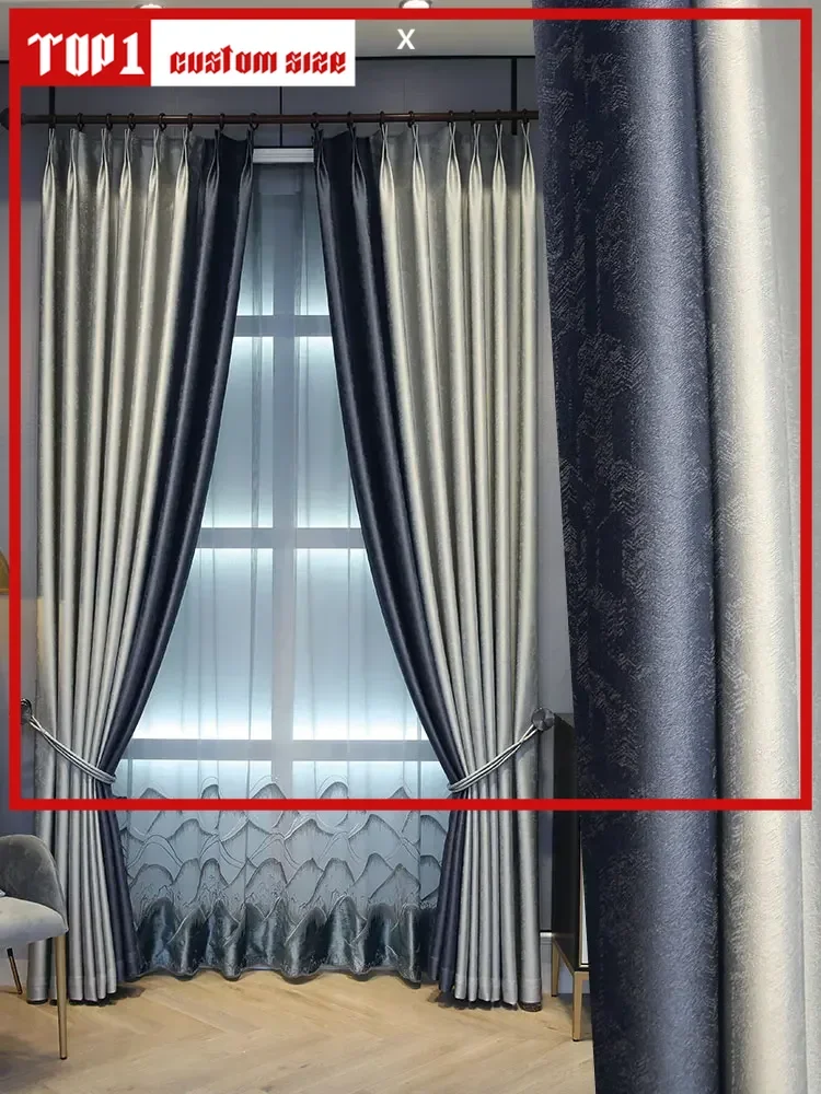 

Blauwgrijze Stiksels Luxe Gordijnen Voor Woonkamer Slaapkamer Moderne Nieuwe Chinese Stijl Hoge Schaduw Studie Balkon Raam Aanpa