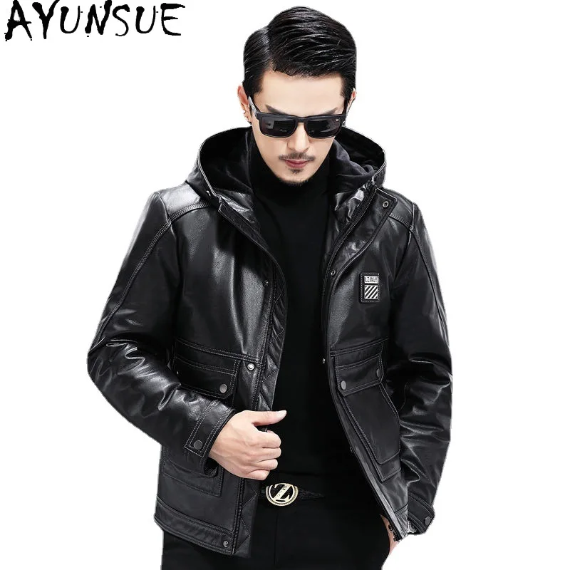 

AYUNSUE Мужская куртка из натуральной кожи 2025, зимняя мужская одежда, 90% белый утиный пух, верхний слой, пальто из воловьей кожи, шикарное Jaqueta De Couro