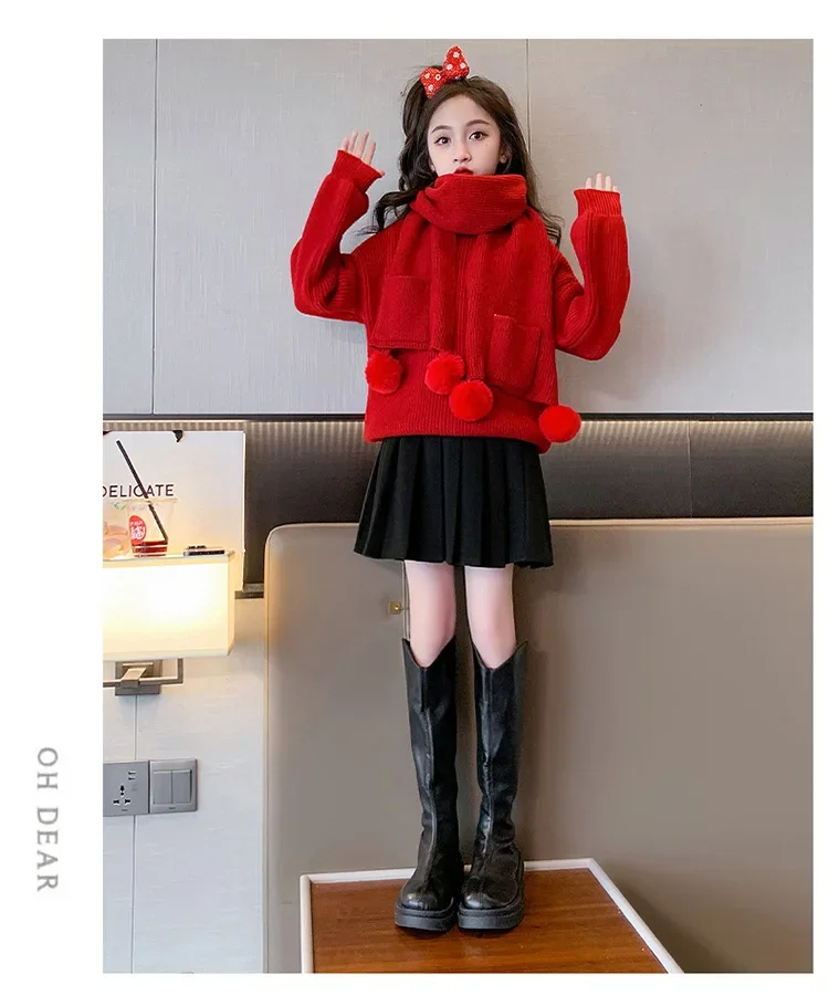 Children Winter Sweater Women Big Boys Thickened Knitted Undershirt Top 2024 Foreign Winter Red Knitted Warm New Year Clothes