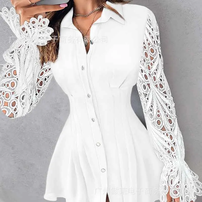 Lace Splicing Long-sleeved Shirt Dress Women Spring Autumn New Lapel High-waisted Solid Color Short Dresses