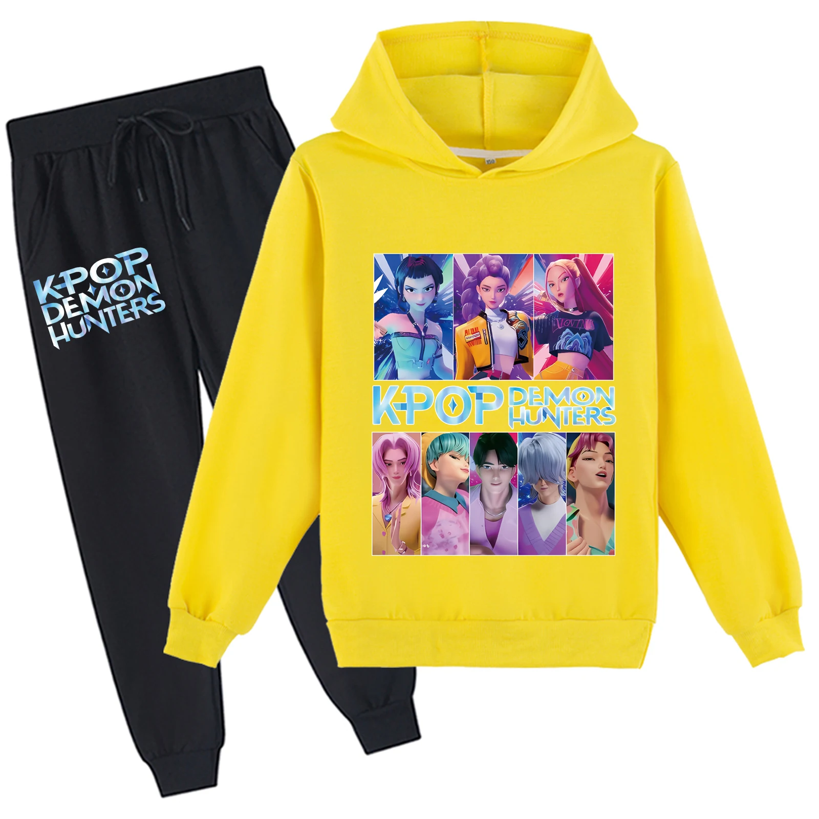 Completi da 2 pezzi unisex per bambini Kpop Demon Hunters Top alla moda e pantaloni lunghi, felpe con cappuccio a maniche lunghe autunnali per 2-14 anni