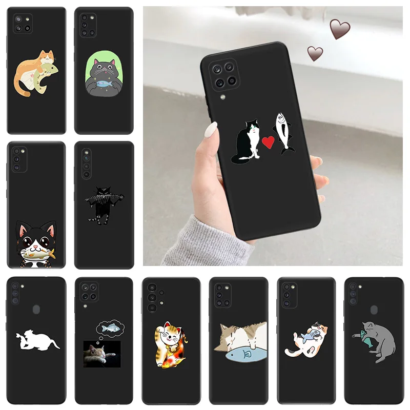 Phone Case for Samsung Galaxy A31 A32 A33 A34 A51 A52 A53 A54 A71 A52S A72 A73 4G 5G Love Fish Cute Cat Shell Black Cases Cover