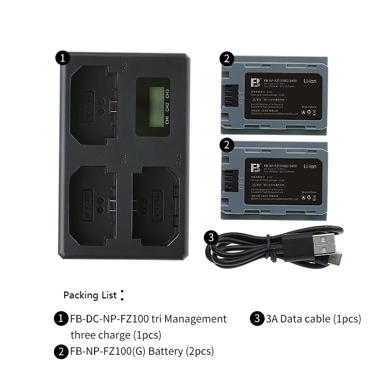 FB NP-FZ100 Battery and 3 Slot USB Charger Set for Sony A7M4 A7R4 A7M3 A7R3 A7S3 A7R5 FX30 A9M2 A1 A6600 A6700 A7C ZV-E1 Cameras