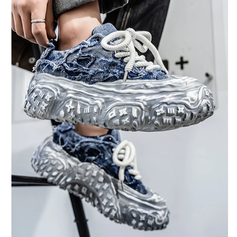 Men Platform Dad Sneakers 2026 Spring Summer Denim Canvas Tire‑sole Lace‑up Height‑increasing Retro Footwear Blue Black White