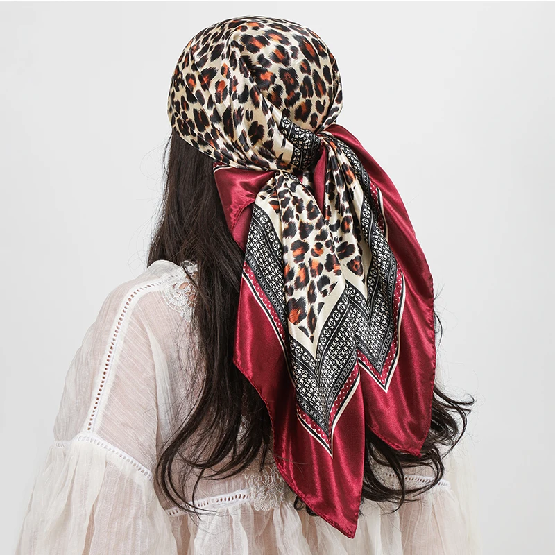 

Leopard Print 90cm Square Silk Scarf Woman Satin Headband Muslim Hijabs Shawls Smooth Soft Hair Scarf Islimic Turban Bandana