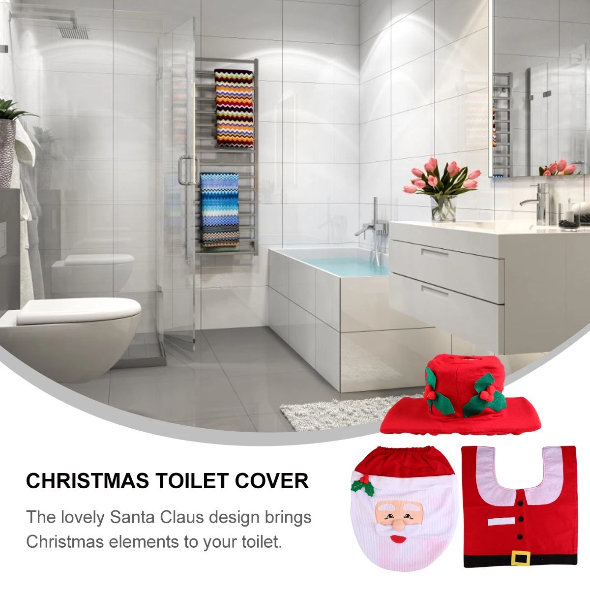 

Three-piece Toilet Cover Warm Floor Mat Flannelette Christmas Winter Decorative Santa Claus Decorations