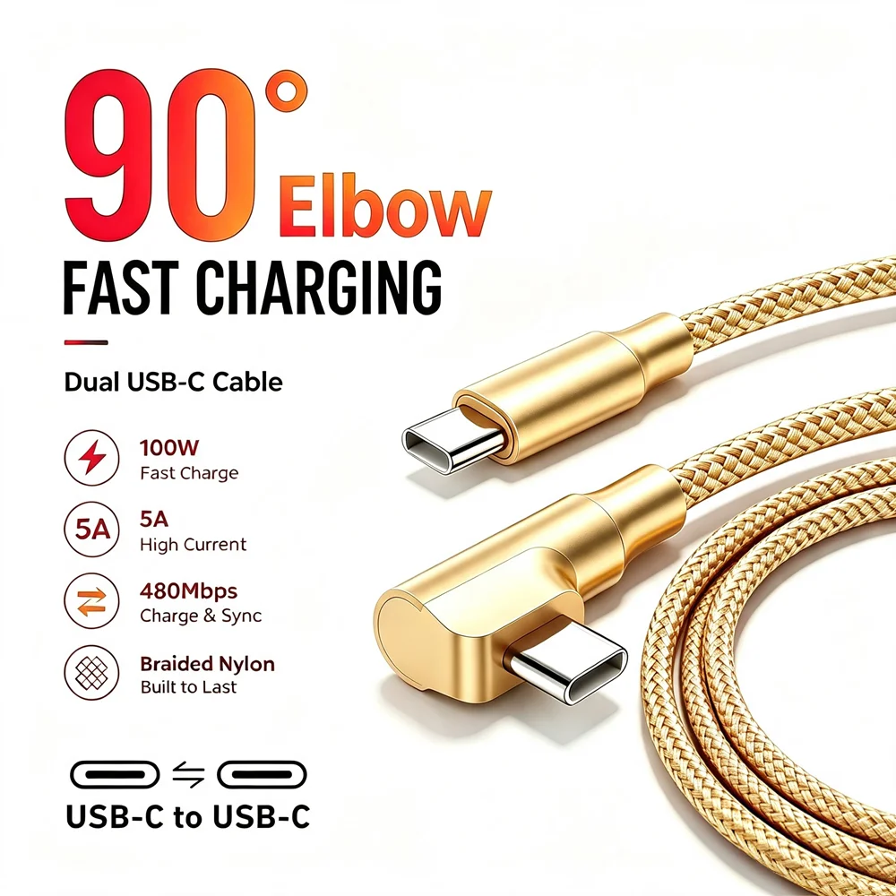 90° Elbow 100W USB-C Fast Charging Braided Cable For iPhone 15 16 17 Pro Max Samsung Huawei Honor Xiaomi Redmi POCO Type-C Cable