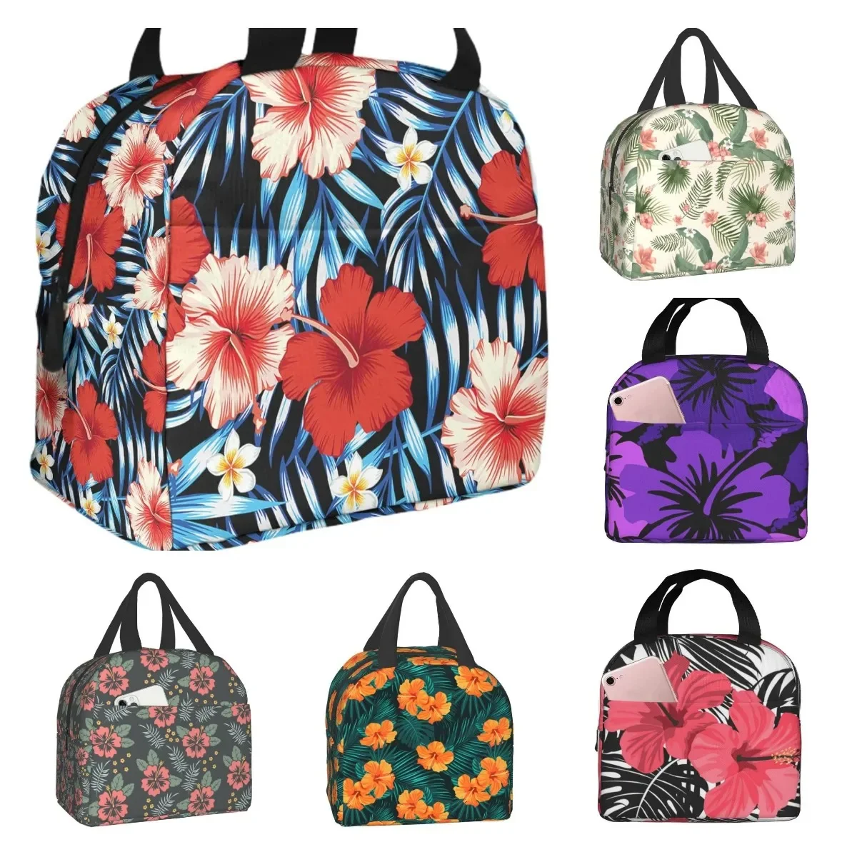 Red Hibiscus Large Insulated Lunch Bag Blue Tropical Leaves Hawaii Floral Lunch Box for Boys Girls Men Women Work Shcool Picnic