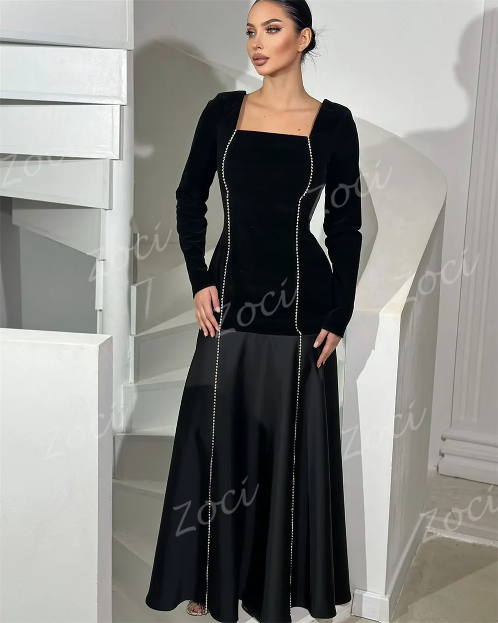 Zoci-vestidos de fiesta negros con cuello cuadrado, vestido de noche de manga larga con cuentas de satén, vestido Formal personalizado para ocasión de fiesta saudí