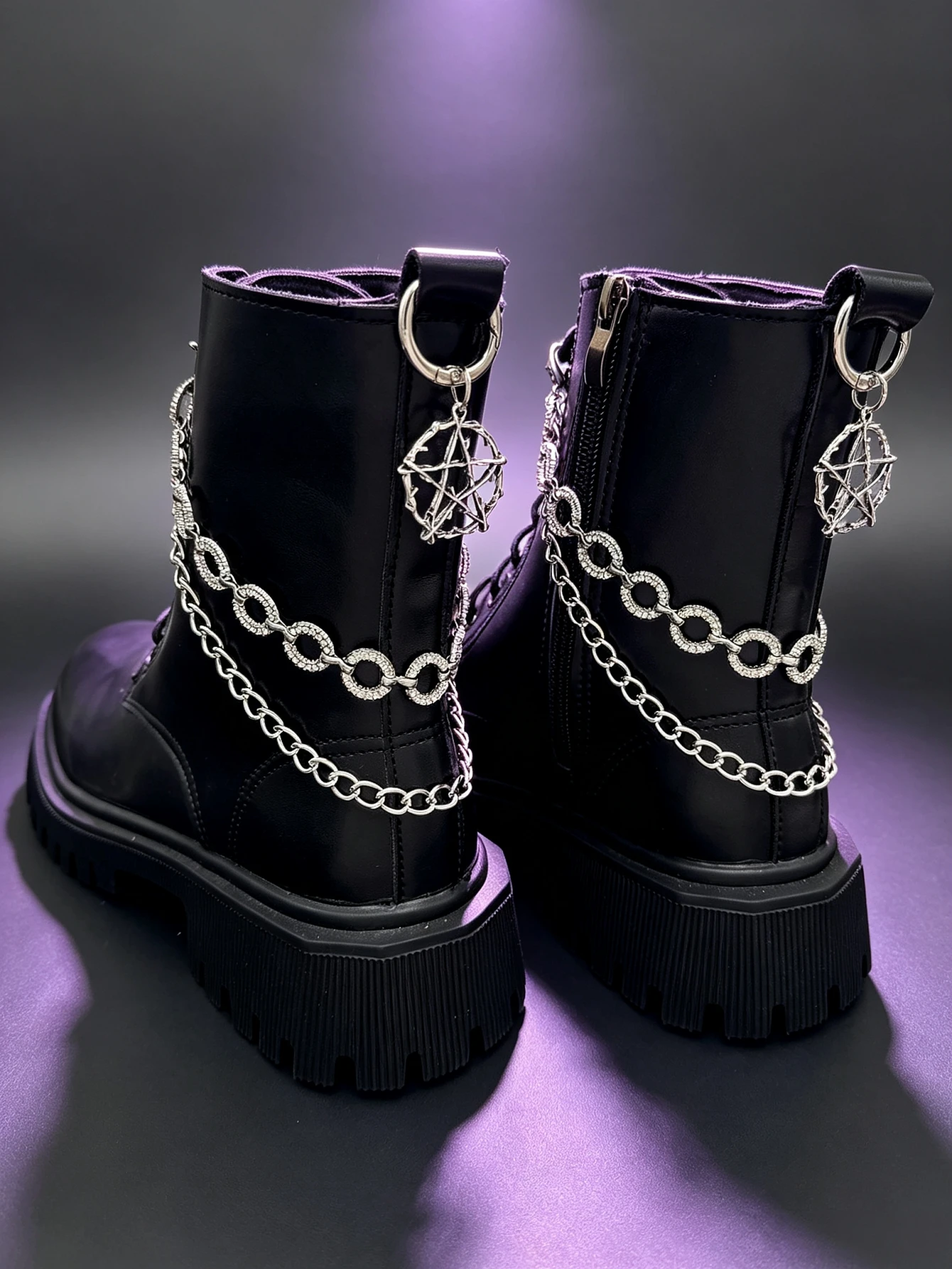 2/4 pairs of shoes accessories - Martin boots with rhinestone circular decorations and detachable chain. DIY pentagram.