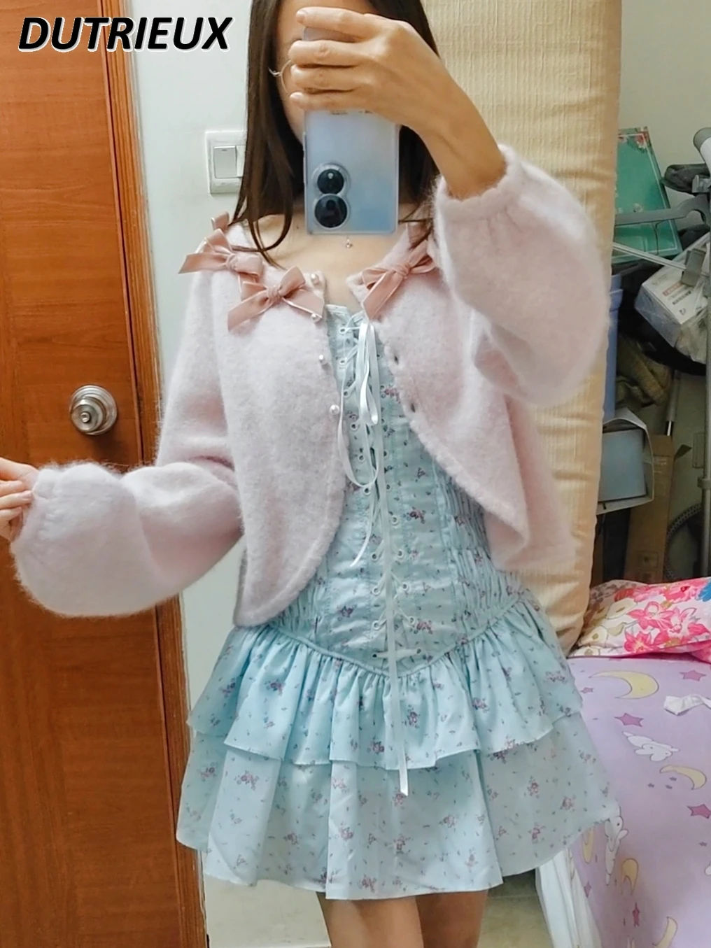 Japanese Gentle Sweet Cute Lolita Bow Pearl Button Sweater Cardigan Women Round Neck Long Sleeve Sweaters Autumn Winter Clothes