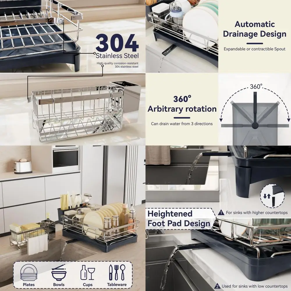 

Large Stainless Steel Kitchen Dish Rack with Cutlery & Sponge Holders, Removable Drainboard, 11.8W x 16.7L